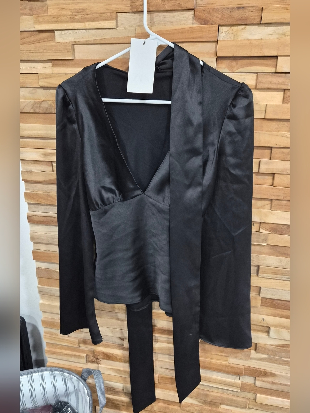 Zara Black Satin V-Neck Blouse with Attached Scarf Tie - Size S - New With Tags